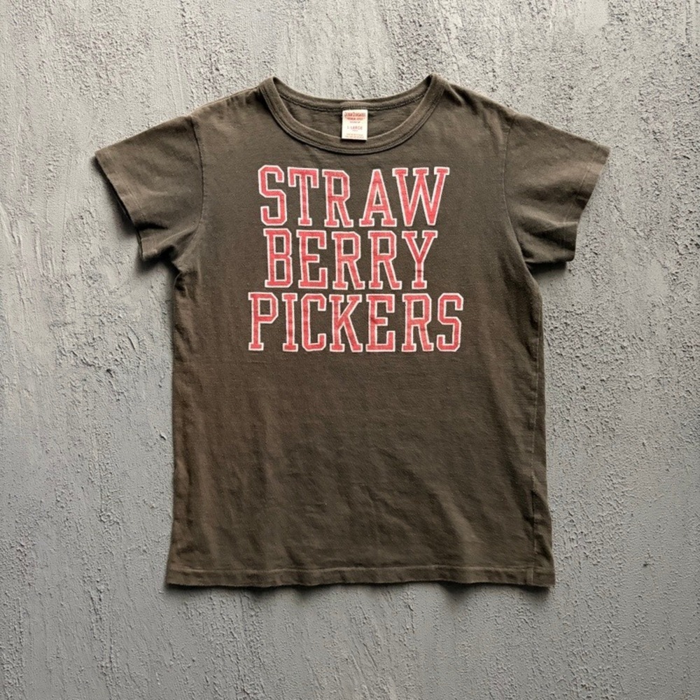 Denim & Dungaree T-Shirt Large 160CM Brown Strawberry Pickers Baby Tee Japan